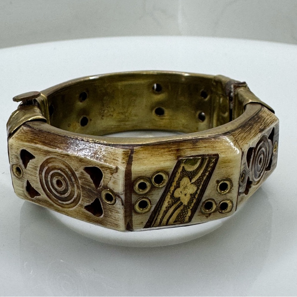 Vintage Carved & Brass Hinged Bracelet Tribal Geometric Boho Statement